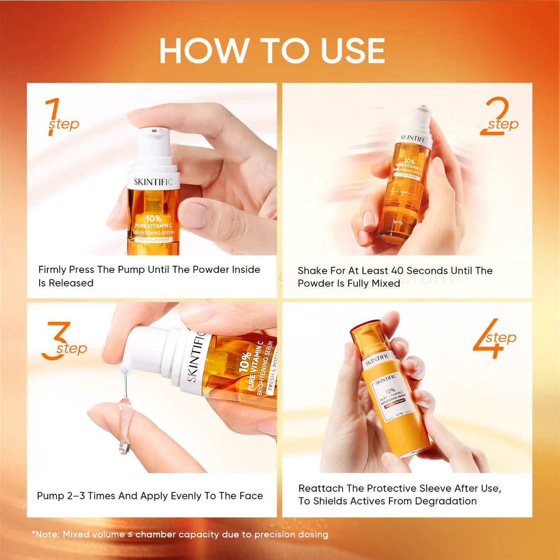 SKINTIFIC 10% Pure Vitamin C Brightening Serum 1+1 Fresh & Potent 1g Powder + 9g Liquid