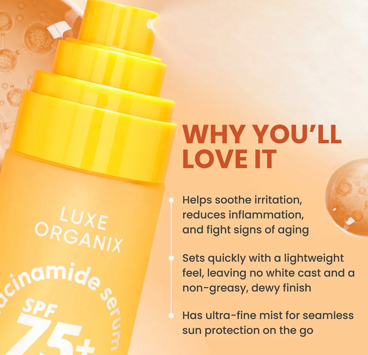 LUXE ORGANIX Niacinamide Serum SPF 75+ PA++++ Facial UV Mist 80ml