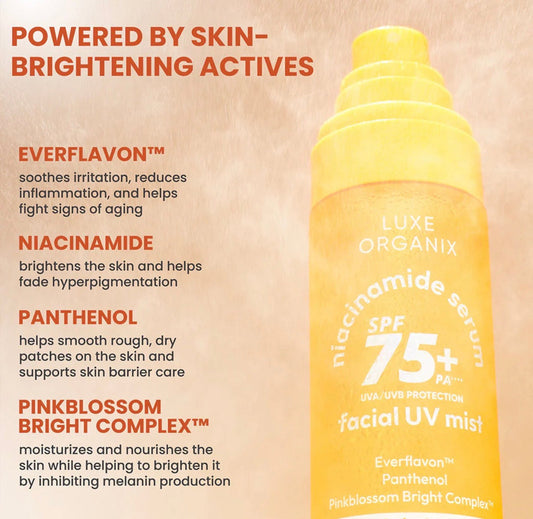LUXE ORGANIX Niacinamide Serum SPF 75+ PA++++ Facial UV Mist 80ml