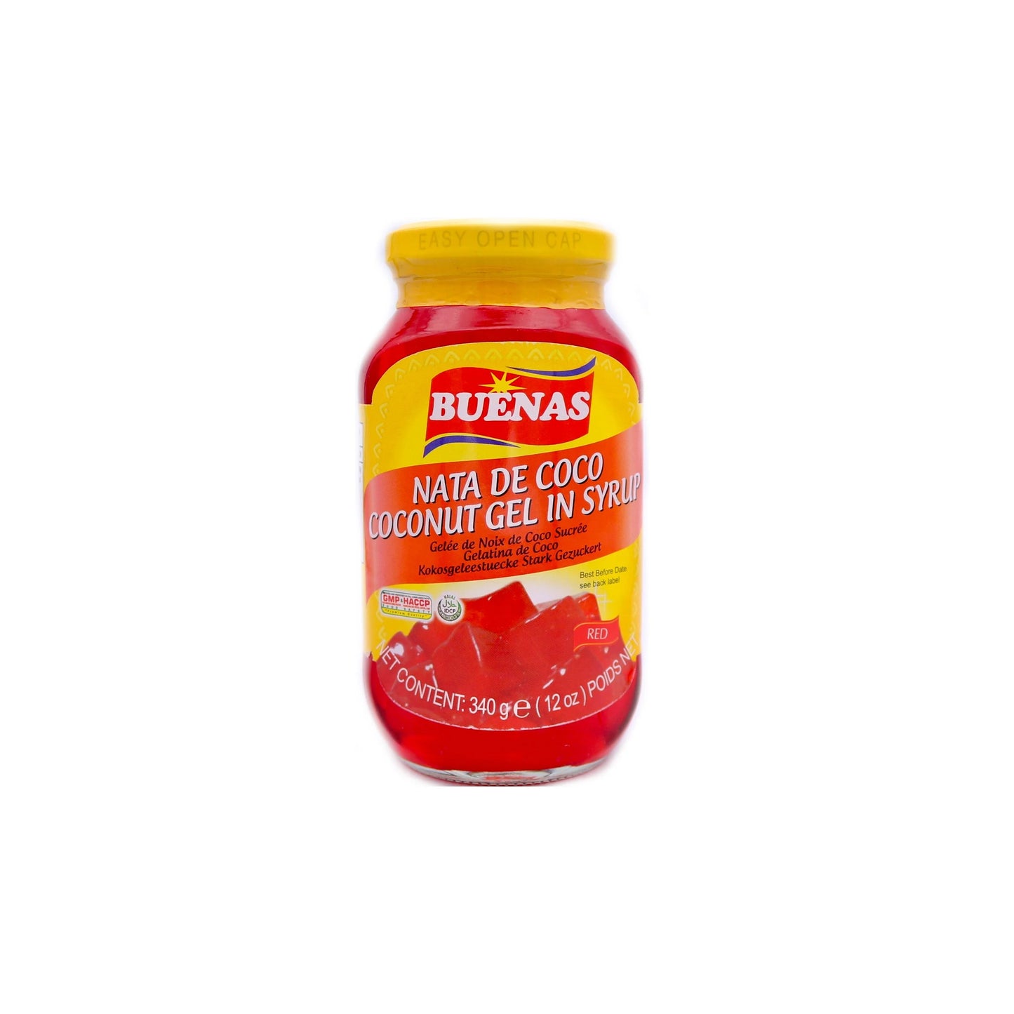 BUENAS Coconut Gel Nata De Coco Gelee de Noix de Coco Sucree in Syrup RED 340g
