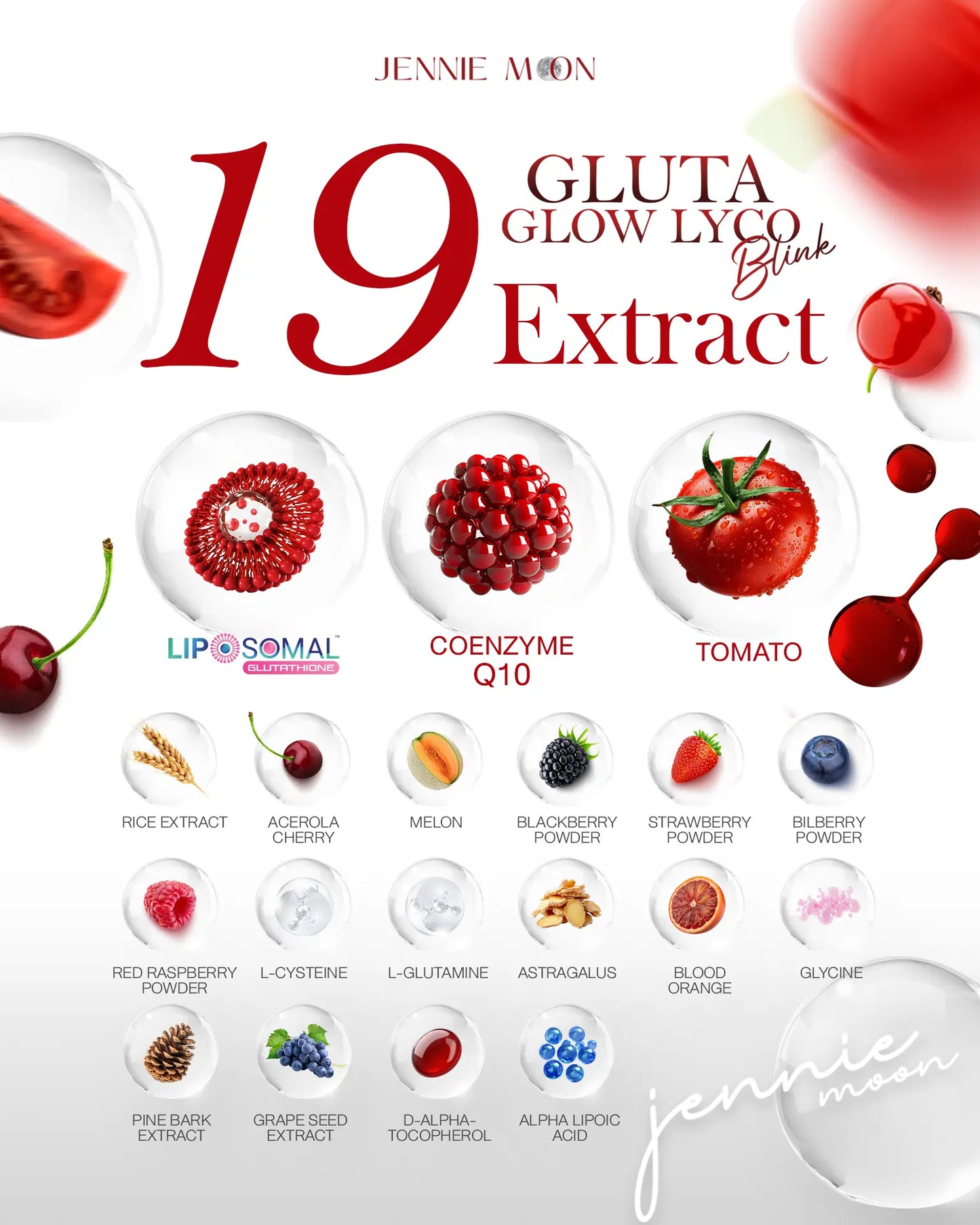 Jennie Moon Gluta Glow Lyco Drink Powder 30 Sachets per pack - CoQ10 Blend 300g