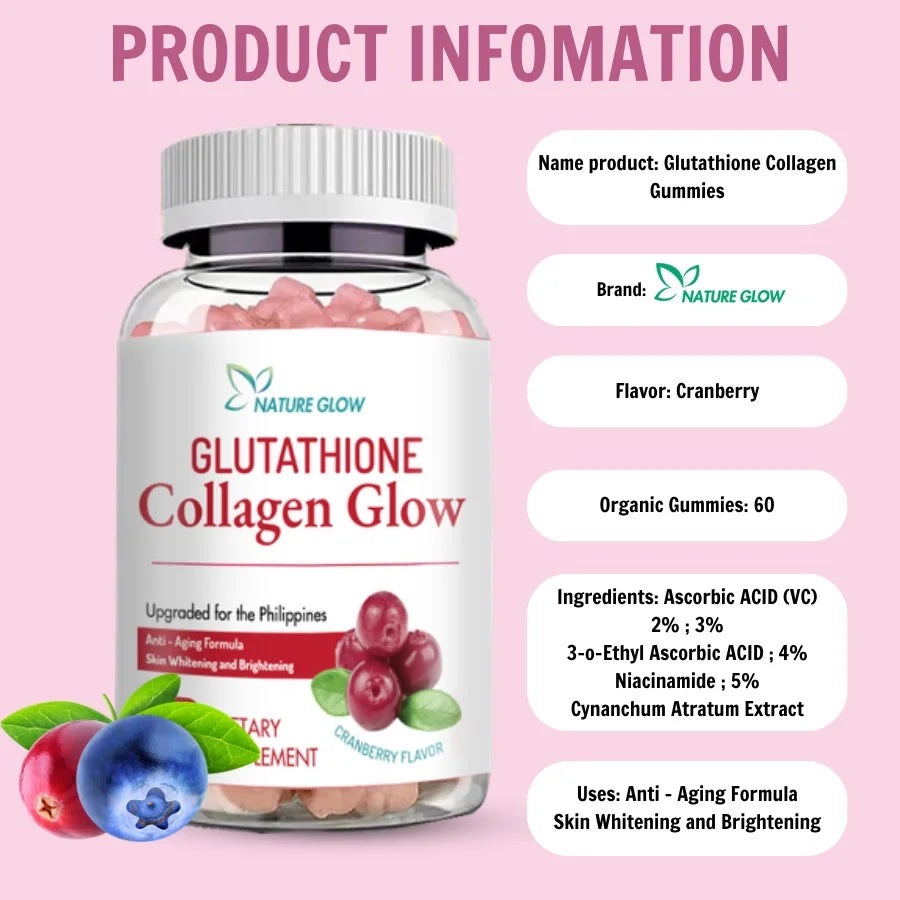 Glutathione Collagen Glow by Nature Glow Cranberry Flavor- 60 Gummies