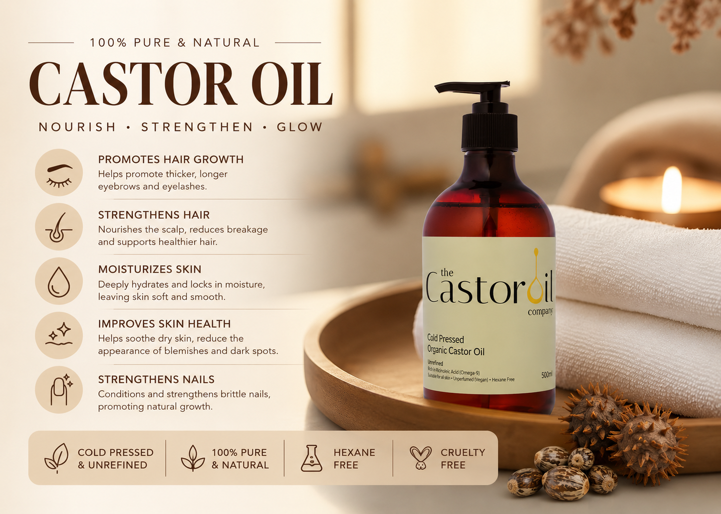 THE Castor Oil Company - ORGANIC Castor Oil Cold Pressed with PUMP - 500ml