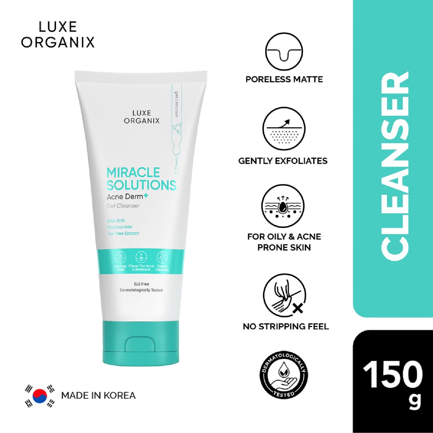 Luxe Organix Miracle Solutions Acne Derm AHA/BHA Gel Cleanser - 150ml