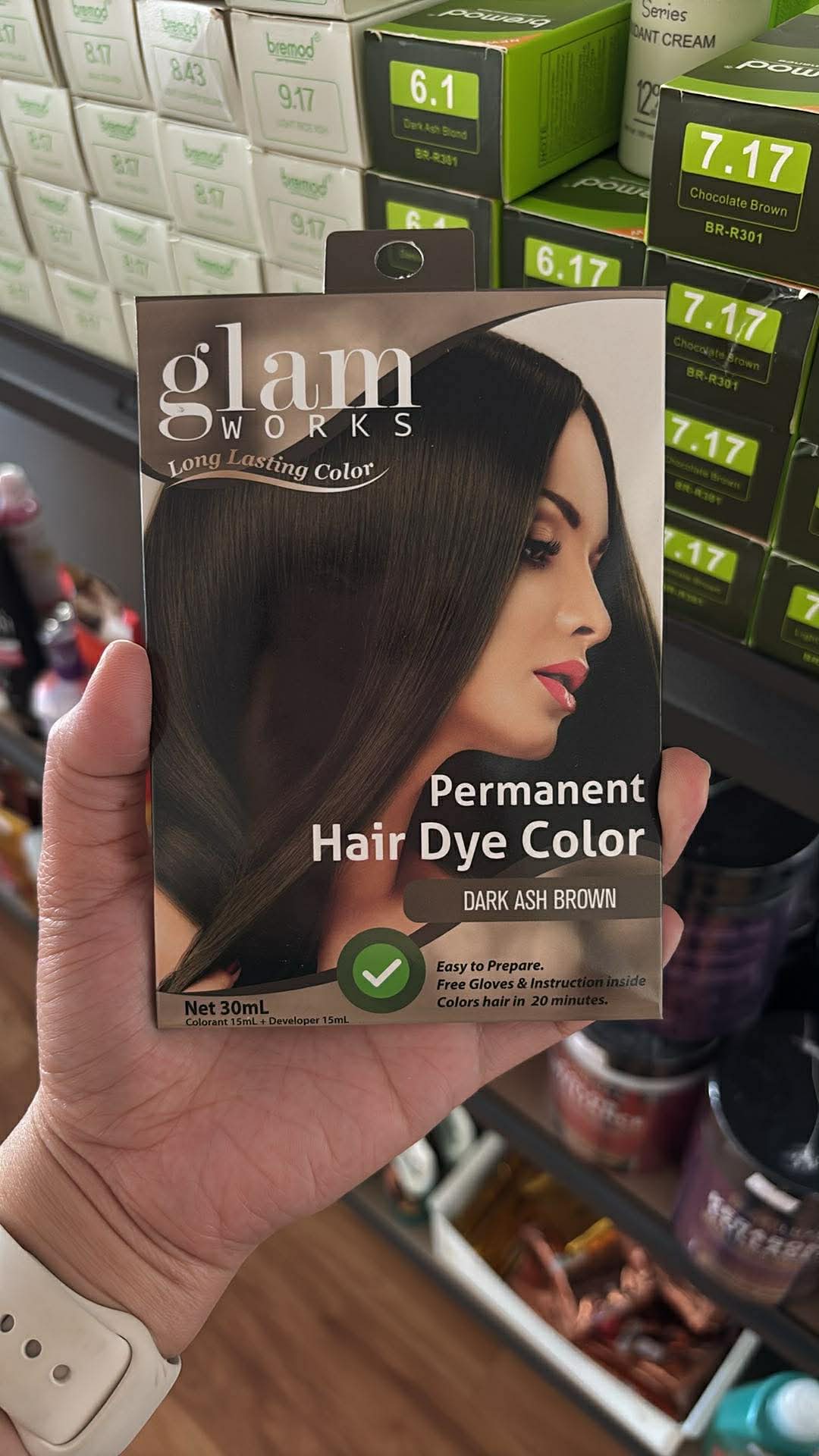 GLAMWORKS Permanent Hair Dye Color Dark Ash Brown 30ml