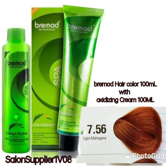 Bremod 7.56 Light Mahogany Hair Color Dye Cream & 6% Oxidizer