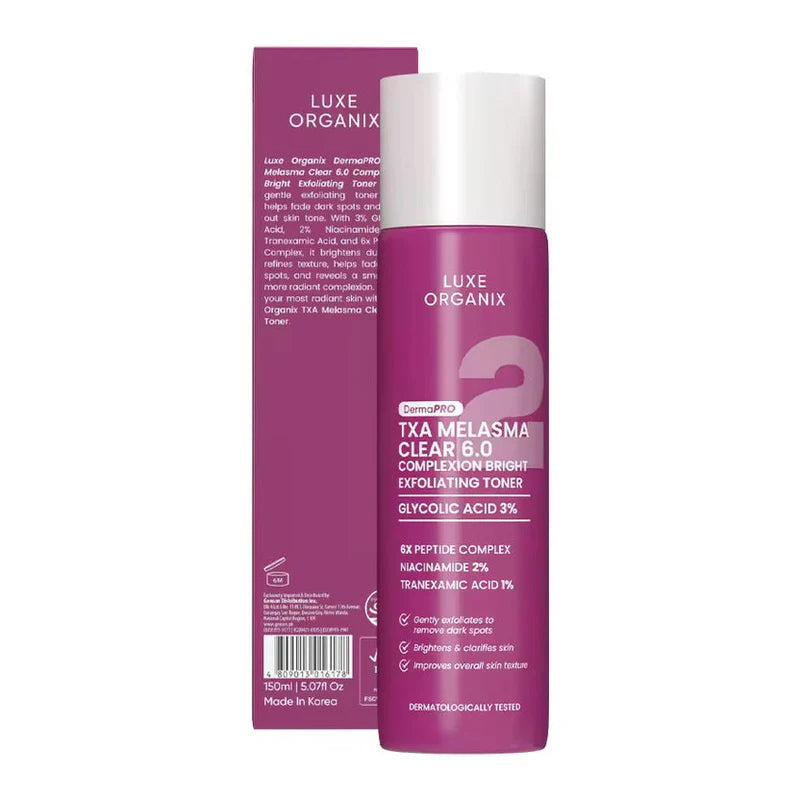 LUXE ORGANIX
TXA MELASMA CLEAR 6.0 COMPLEXION BRIGHT EXFOLIATING TONER 150ML