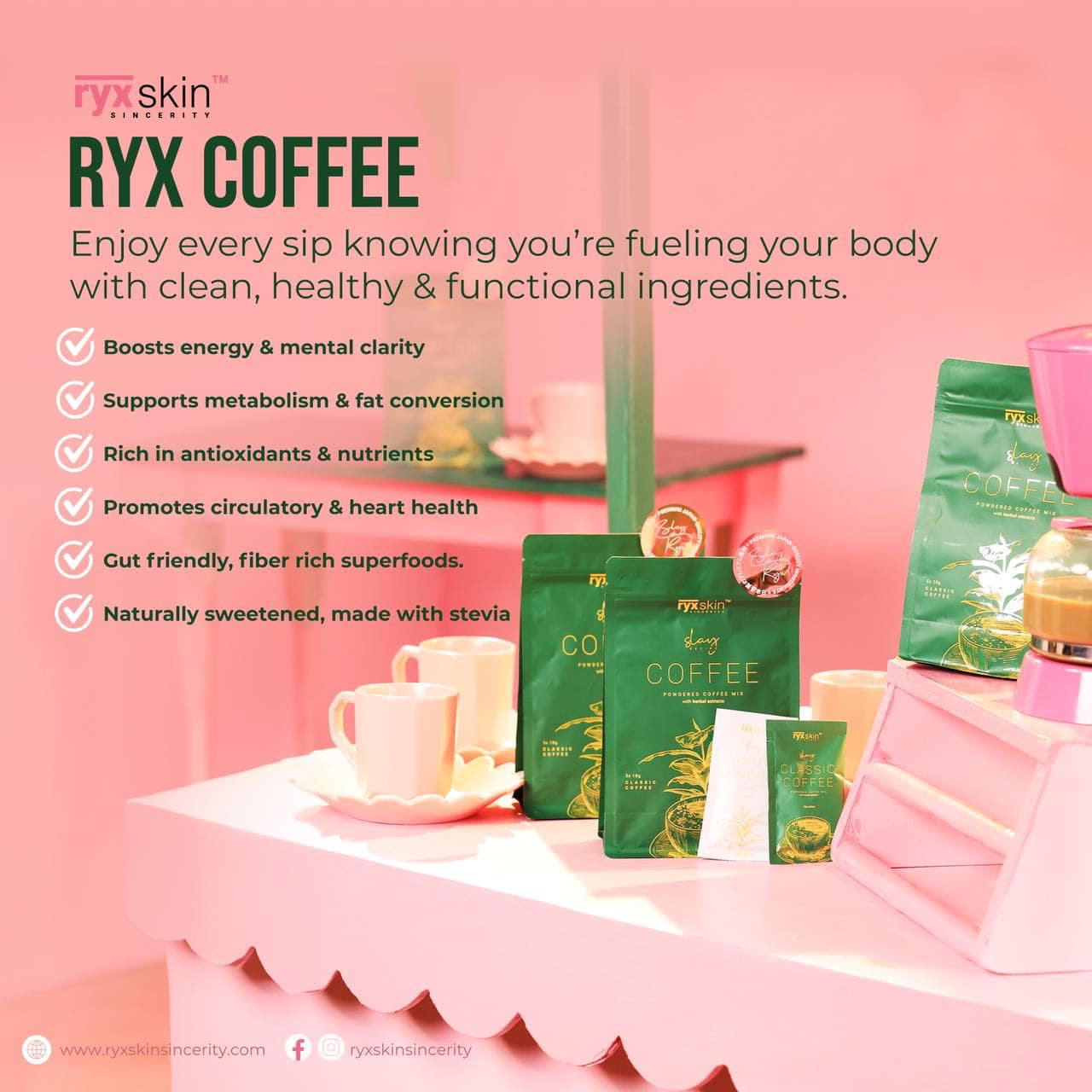Ryx Skin Sincerity, Slay Recipe Coffee - Powdered Coffee Mix with Herbal Extract - 18gx5 Classic Coffee Sachets + 18gx5 White Mocha