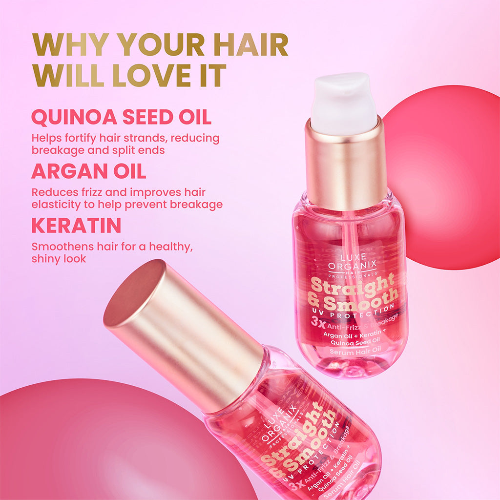 LUXE ORGANIX
STRAIGHT & SMOOTH UV PROTECTION HAIR SERUM OIL - ANTI-FRIZZ & BREAKAGE 60ML