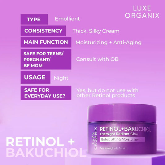 LUXE ORGANIX Retinol + Bakuchiol Overnight Radiant Glow Botox Lifting Moisturizer 50g