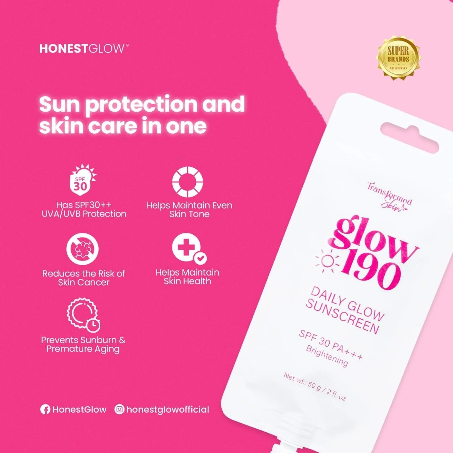 Honest Glow Transformed Skin Glow 190 Daily Glow Sunscreen SPF 30 PA+++ 50g - SALE‼️ MAY 2026 EXPIRY‼️