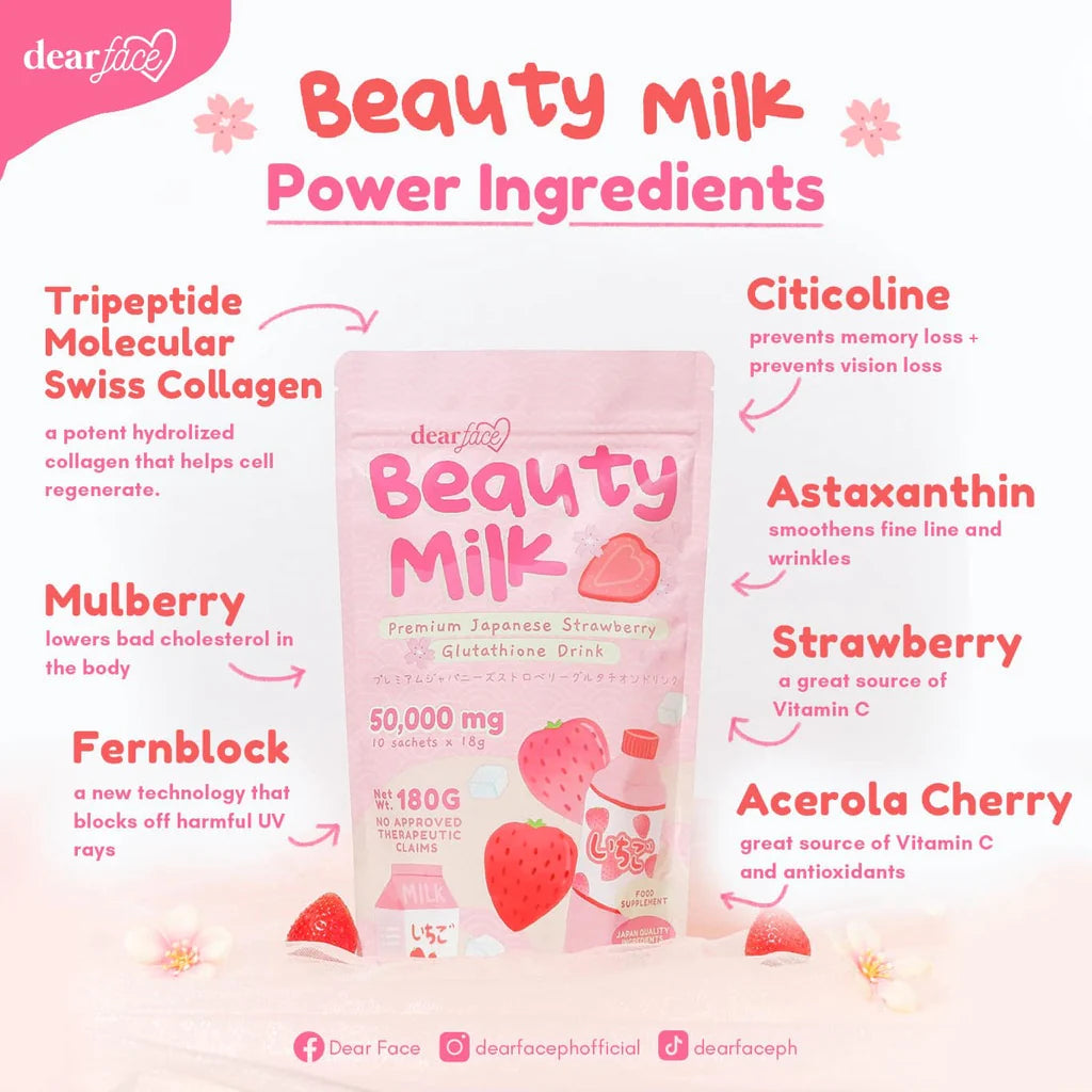 Dear Face Beauty Milk Premium Japanese Strawberry Glutathione Drink 18gX10 Sachets